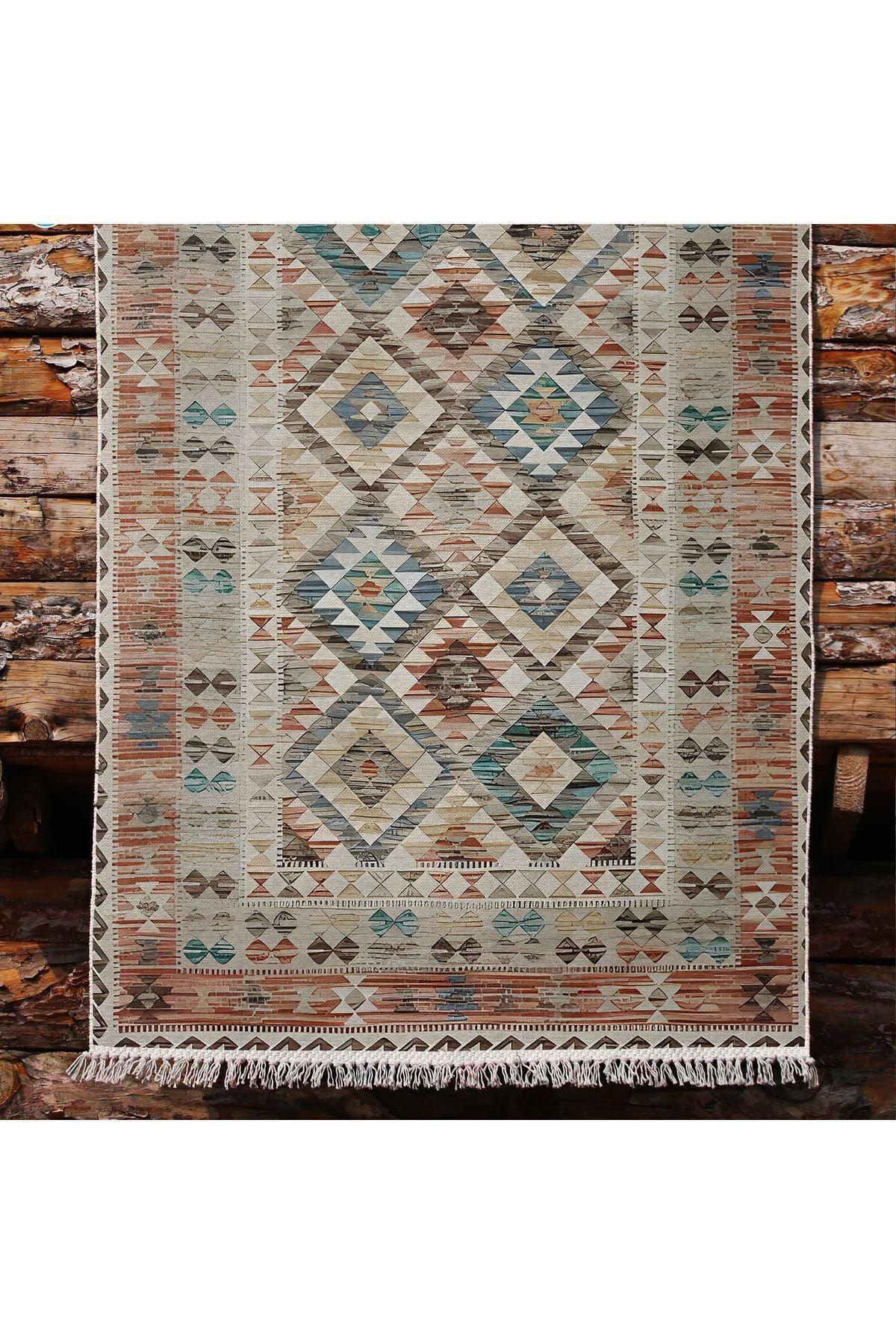 Cotton Kilim 7 Kahve Mavi Tonunda Geometrik Desenli Dekoratif Yıkanabilen Dokuma Taban Kilim - HALI VAGONU