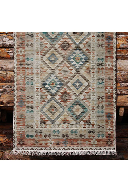 Cotton Kilim 7 Kahve Mavi Tonunda Geometrik Desenli Dekoratif Yıkanabilen Dokuma Taban Kilim - HALI VAGONU