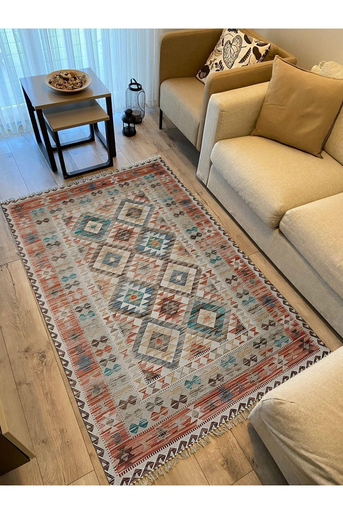 Cotton Kilim 7 Kahve Mavi Tonunda Geometrik Desenli Dekoratif Yıkanabilen Dokuma Taban Kilim - HALI VAGONU