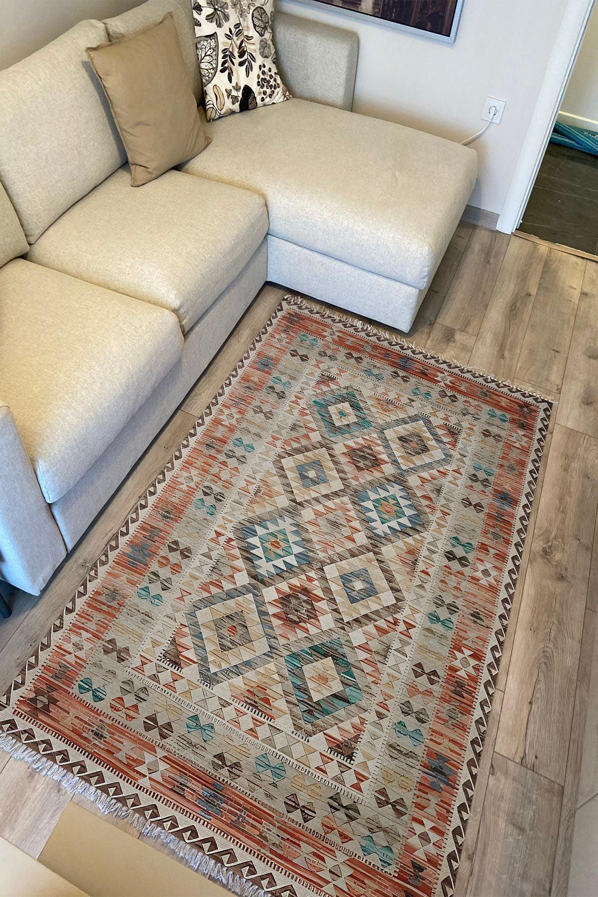 Cotton Kilim 7 Kahve Mavi Tonunda Geometrik Desenli Dekoratif Yıkanabilen Dokuma Taban Kilim - HALI VAGONU