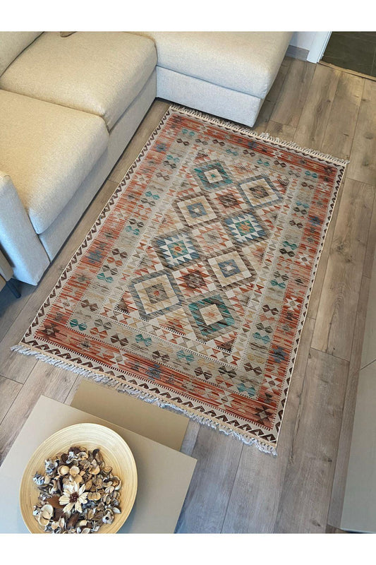 Cotton Kilim 7 Kahve Mavi Tonunda Geometrik Desenli Dekoratif Yıkanabilen Dokuma Taban Kilim - HALI VAGONU