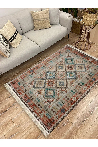Cotton Kilim 7 Kahve Mavi Tonunda Geometrik Desenli Dekoratif Yıkanabilen Dokuma Taban Kilim - HALI VAGONU