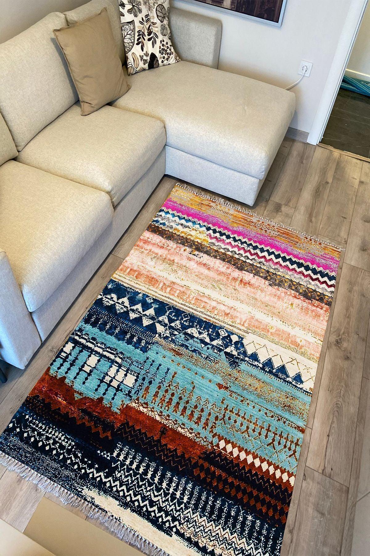 Cotton Kilim 70 Multu Iskandinav Motifler Modern Dekoratif Saçaklı Yıkanabilen Dokuma Kilim - HALI VAGONU
