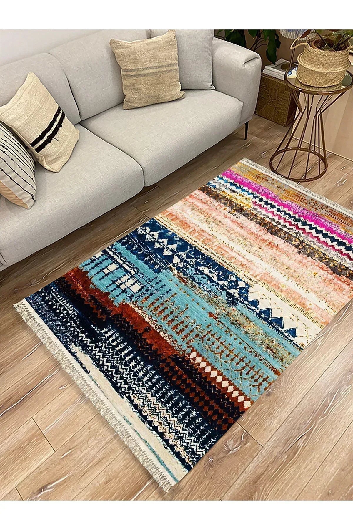 Cotton Kilim 70 Multu Iskandinav Motifler Modern Dekoratif Saçaklı Yıkanabilen Dokuma Kilim - HALI VAGONU