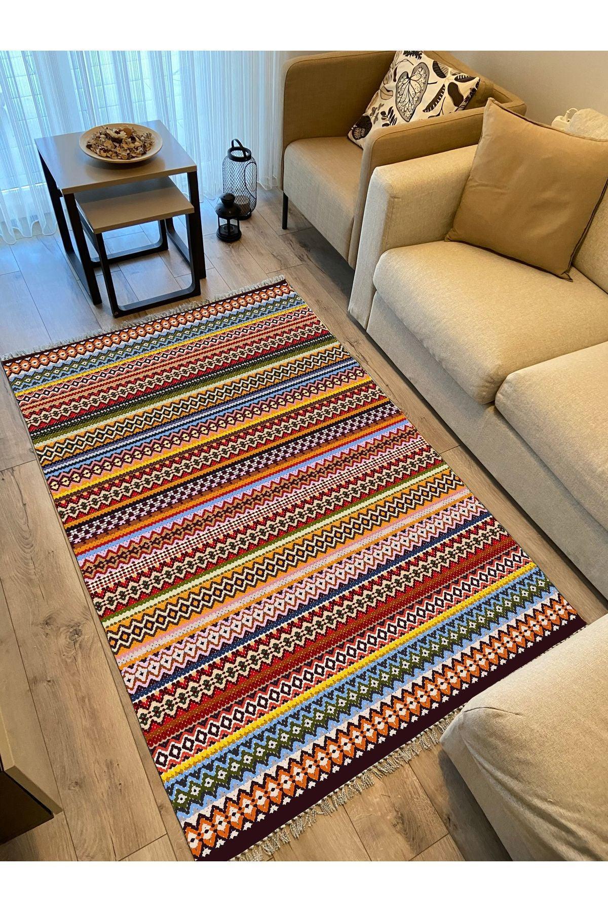 Cotton Kilim 77 Çok Renkli Etnik Bohem Stil Pamuk Taban - HALI VAGONU