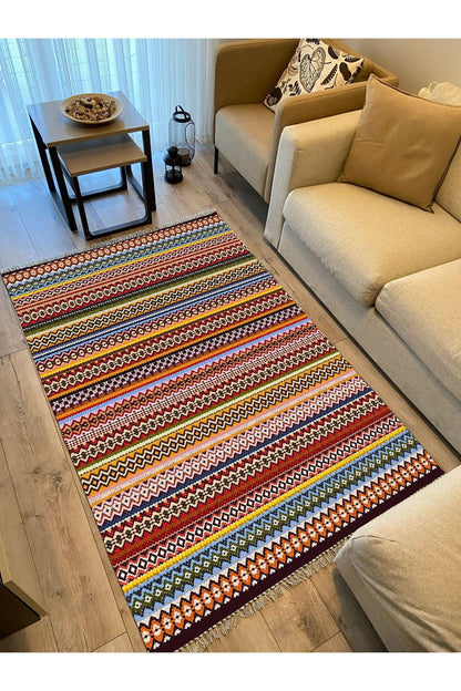 Cotton Kilim 77 Çok Renkli Etnik Bohem Stil Pamuk Taban - HALI VAGONU