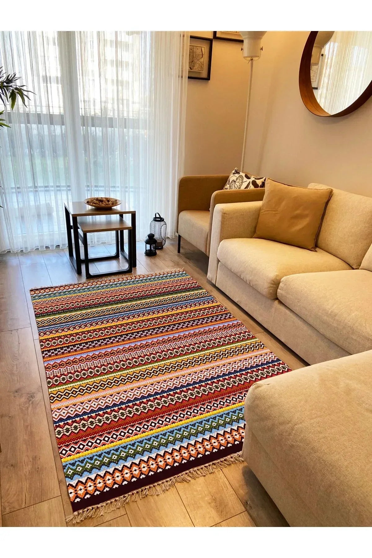Cotton Kilim 77 Çok Renkli Etnik Bohem Stil Pamuk Taban - HALI VAGONU