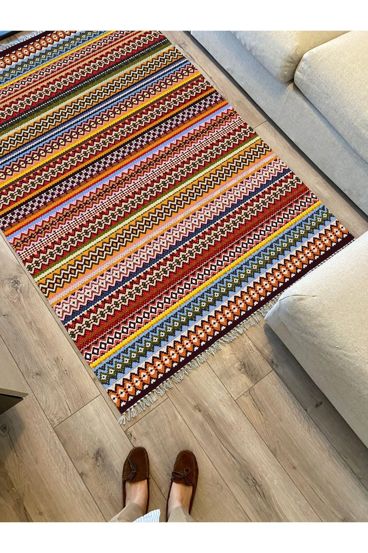 Cotton Kilim 77 Çok Renkli Etnik Bohem Stil Pamuk Taban - HALI VAGONU