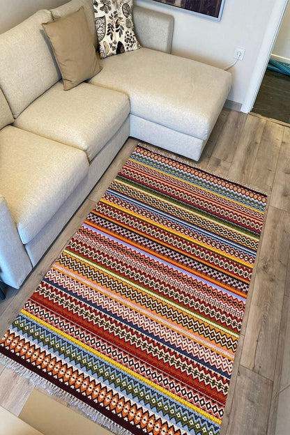Cotton Kilim 77 Çok Renkli Etnik Bohem Stil Pamuk Taban - HALI VAGONU