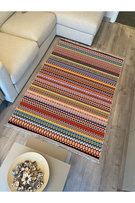 Cotton Kilim 77 Çok Renkli Etnik Bohem Stil Pamuk Taban - HALI VAGONU