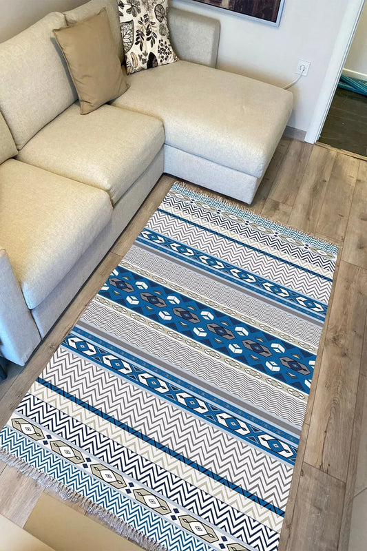 Cotton Kilim 78 Mavi ve beyaz Tonlarında Etnik Bohem Stil Pamuk Taban - HALI VAGONU