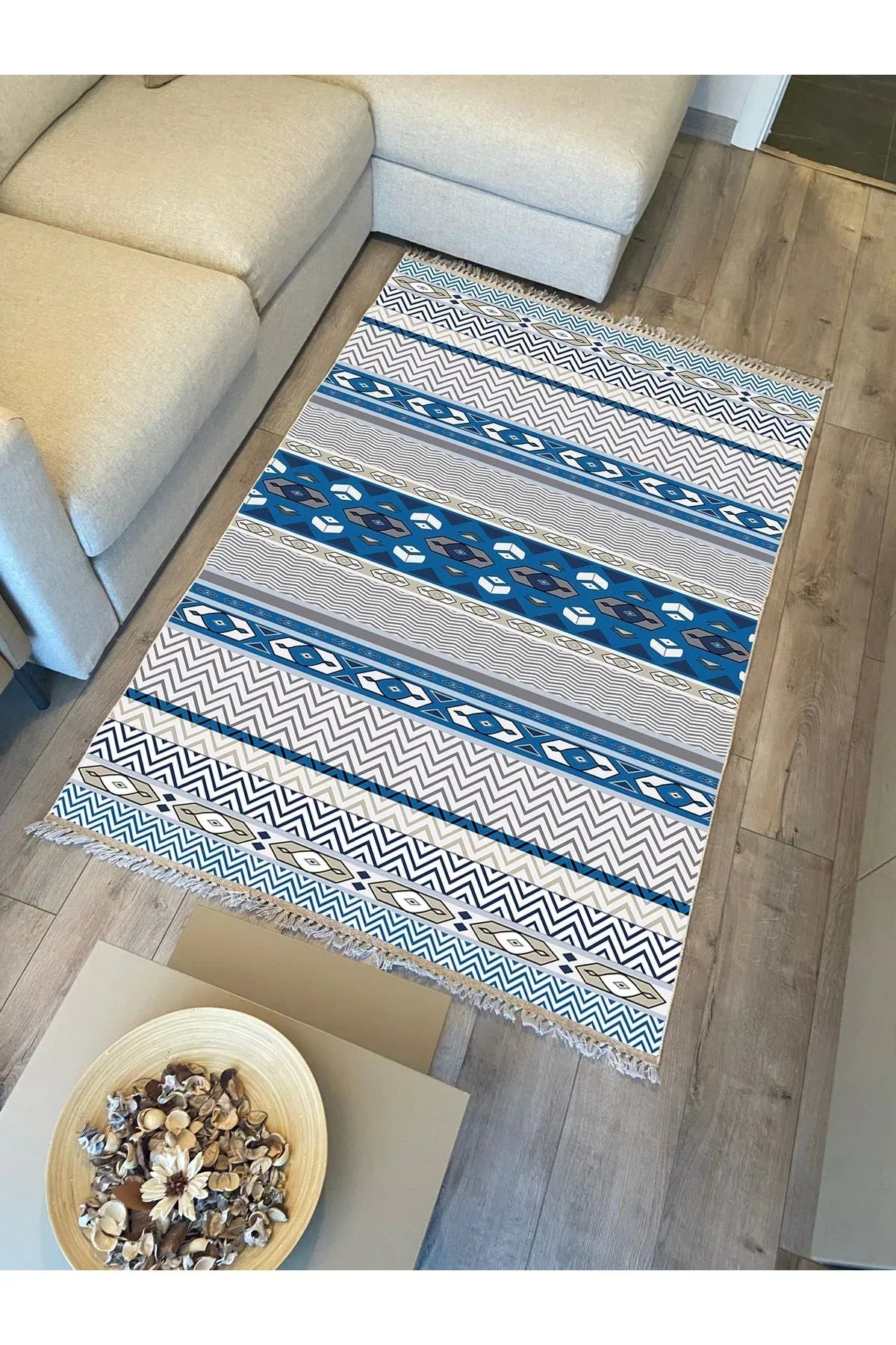 Cotton Kilim 78 Mavi ve beyaz Tonlarında Etnik Bohem Stil Pamuk Taban - HALI VAGONU