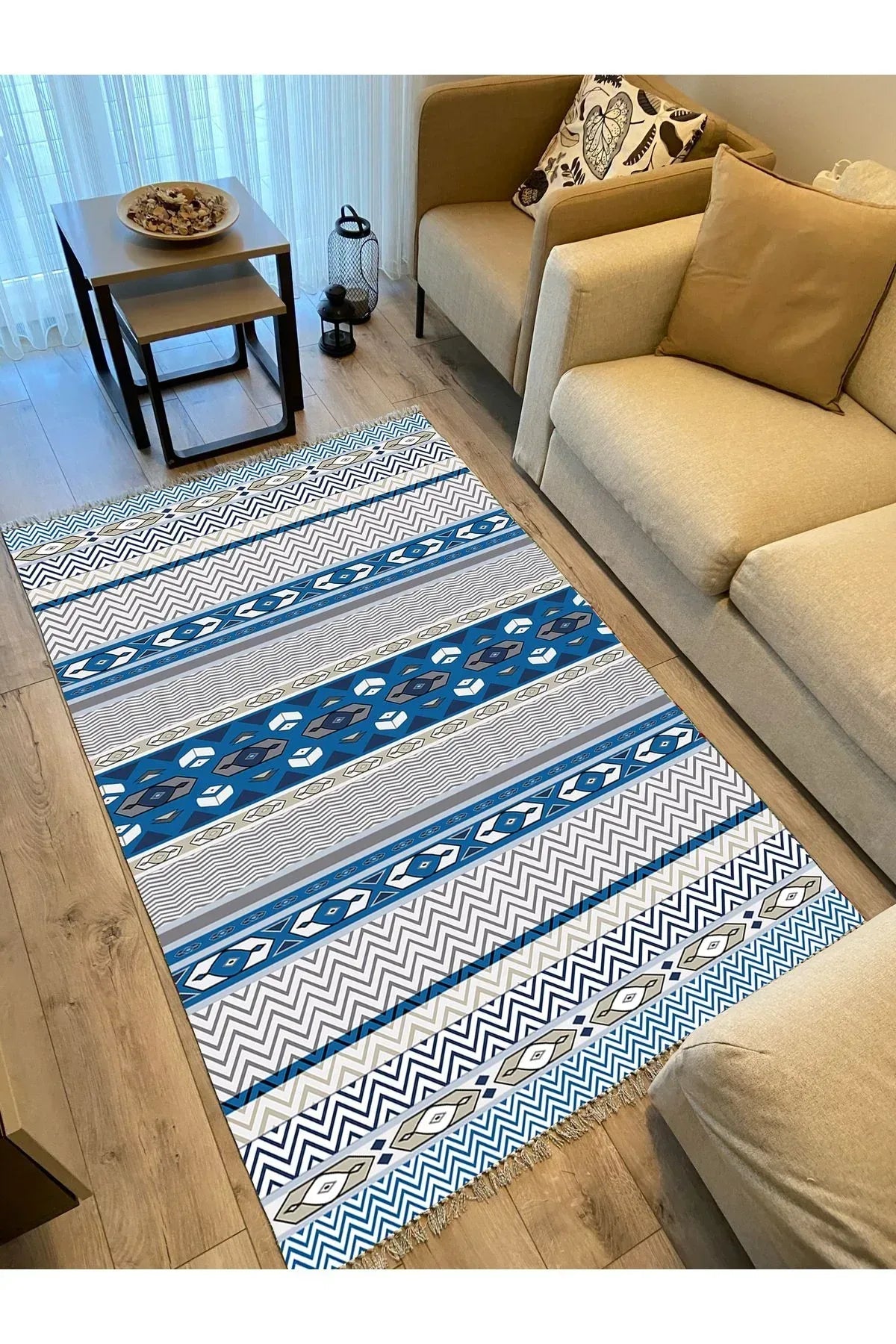 Cotton Kilim 78 Mavi ve beyaz Tonlarında Etnik Bohem Stil Pamuk Taban - HALI VAGONU