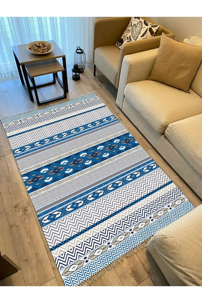 Cotton Kilim 78 Mavi ve beyaz Tonlarında Etnik Bohem Stil Pamuk Taban - HALI VAGONU