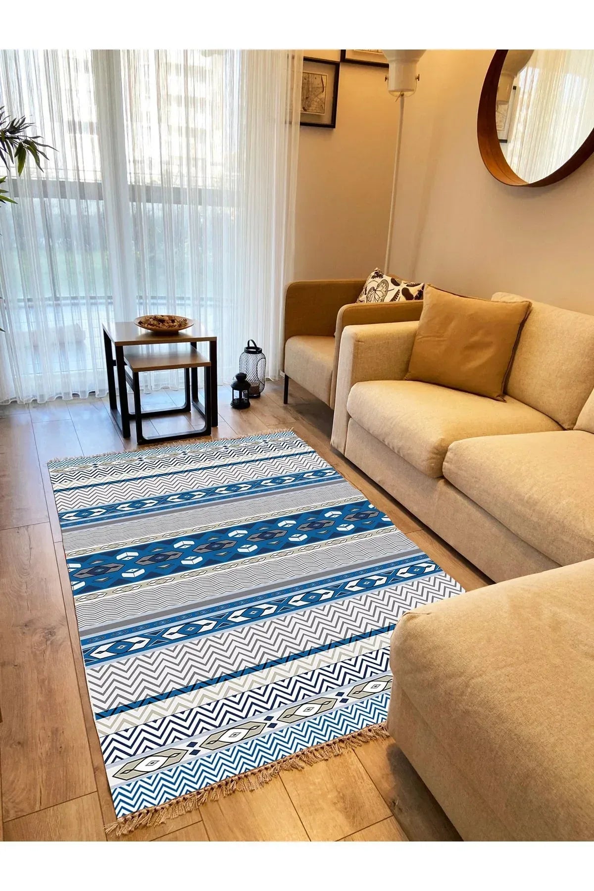 Cotton Kilim 78 Mavi ve beyaz Tonlarında Etnik Bohem Stil Pamuk Taban - HALI VAGONU