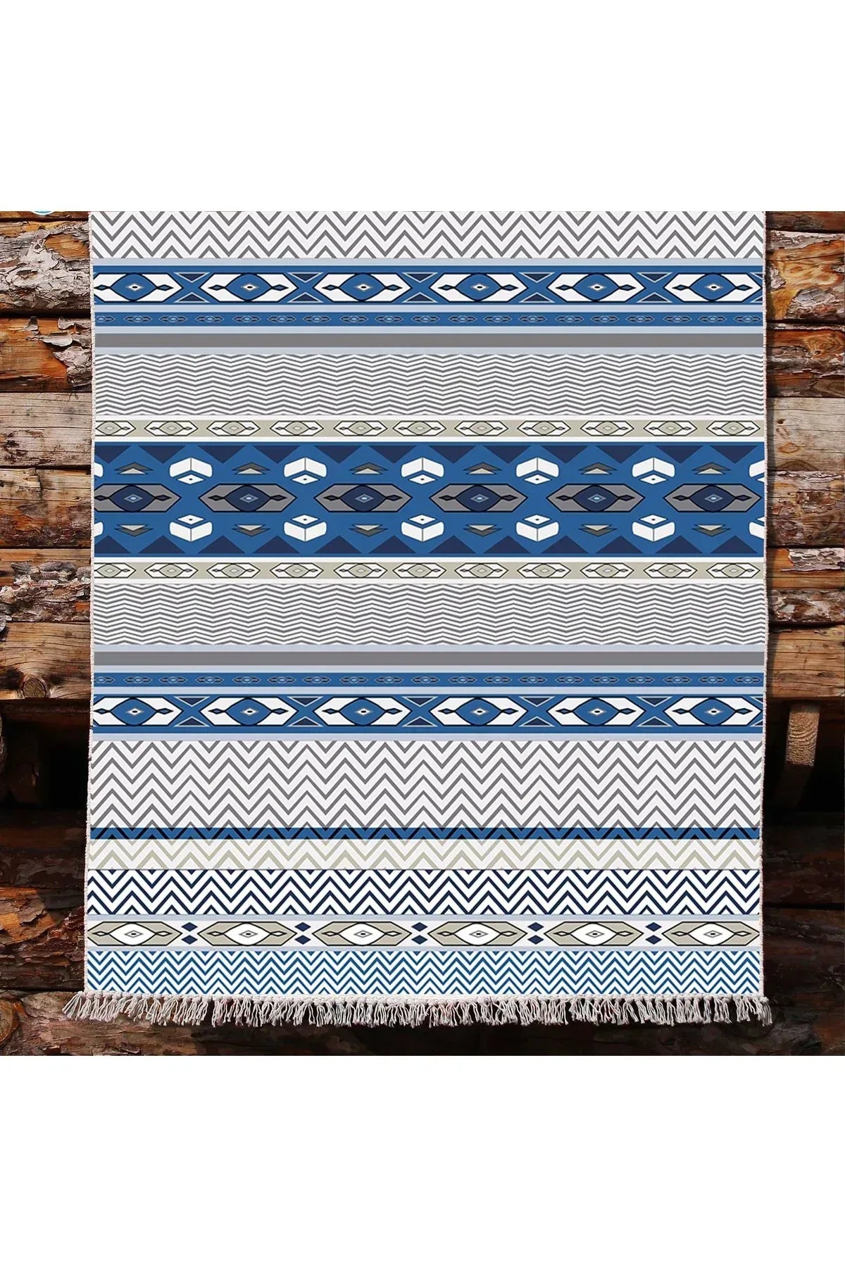 Cotton Kilim 78 Mavi ve beyaz Tonlarında Etnik Bohem Stil Pamuk Taban - HALI VAGONU