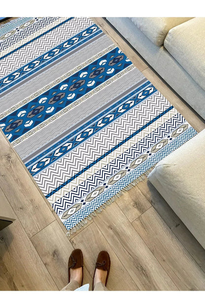 Cotton Kilim 78 Mavi ve beyaz Tonlarında Etnik Bohem Stil Pamuk Taban - HALI VAGONU