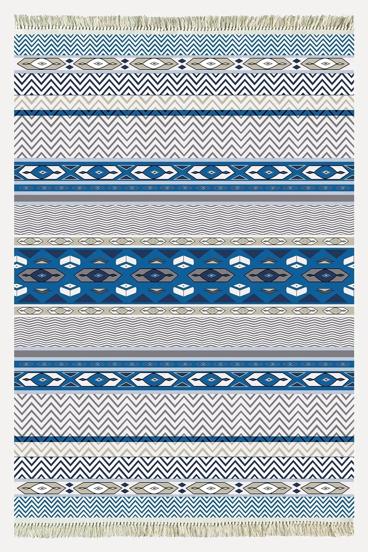 Cotton Kilim 78 Mavi ve beyaz Tonlarında Etnik Bohem Stil Pamuk Taban - HALI VAGONU