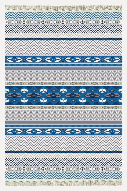 Cotton Kilim 78 Mavi ve beyaz Tonlarında Etnik Bohem Stil Pamuk Taban - HALI VAGONU