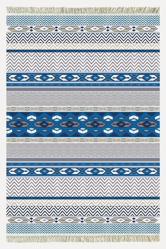 Cotton Kilim 78 Mavi ve beyaz Tonlarında Etnik Bohem Stil Pamuk Taban - HALI VAGONU