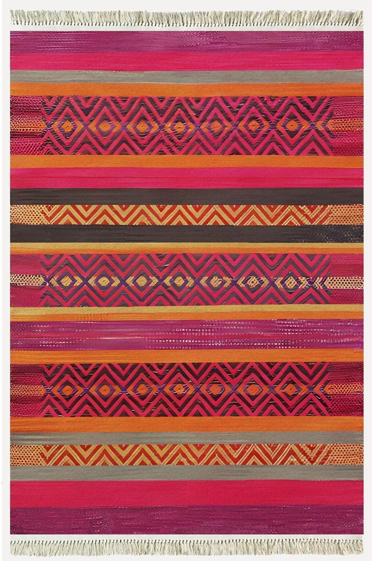 Cotton Kilim 8 Fuşya Multy Tonunda Geometrik Desenli Dekoratif Yıkanabilen Dokuma Taban Kilim - HALI VAGONU