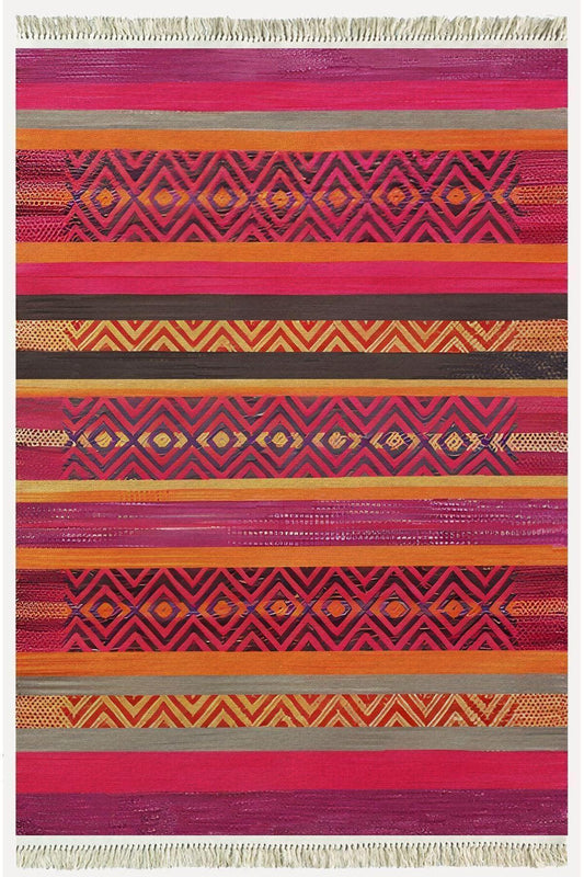 Cotton Kilim 8 Fuşya Multy Tonunda Geometrik Desenli Dekoratif Yıkanabilen Dokuma Taban Kilim - HALI VAGONU