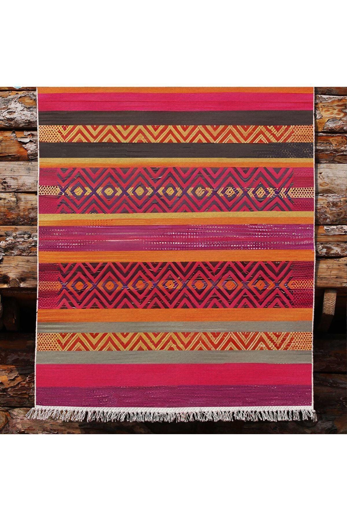 Cotton Kilim 8 Fuşya Multy Tonunda Geometrik Desenli Dekoratif Yıkanabilen Dokuma Taban Kilim - HALI VAGONU