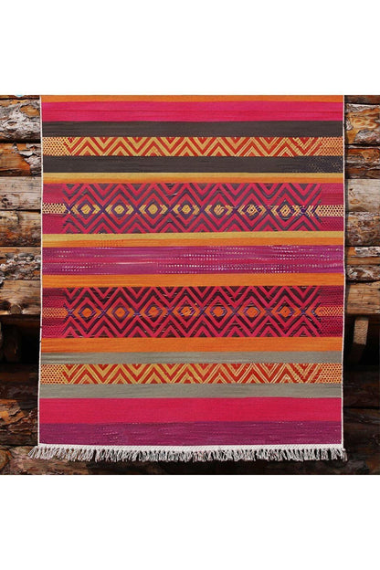 Cotton Kilim 8 Fuşya Multy Tonunda Geometrik Desenli Dekoratif Yıkanabilen Dokuma Taban Kilim - HALI VAGONU