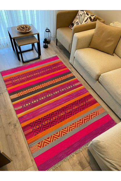 Cotton Kilim 8 Fuşya Multy Tonunda Geometrik Desenli Dekoratif Yıkanabilen Dokuma Taban Kilim - HALI VAGONU