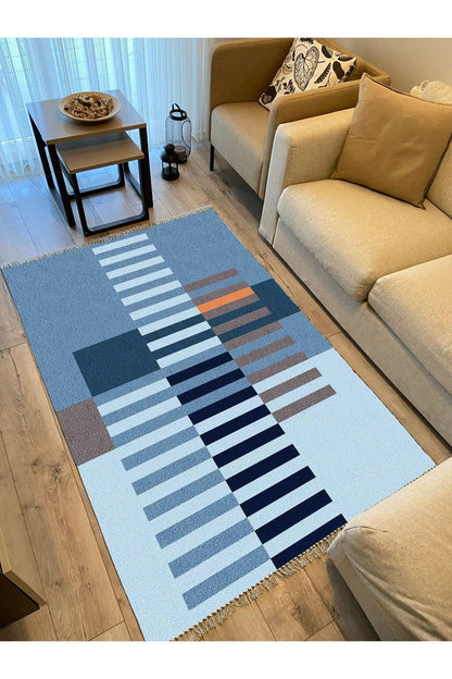 Cotton Kilim 81 Mavi Tonlarında Etnik Boho Stil Pamuk Taban - HALI VAGONU