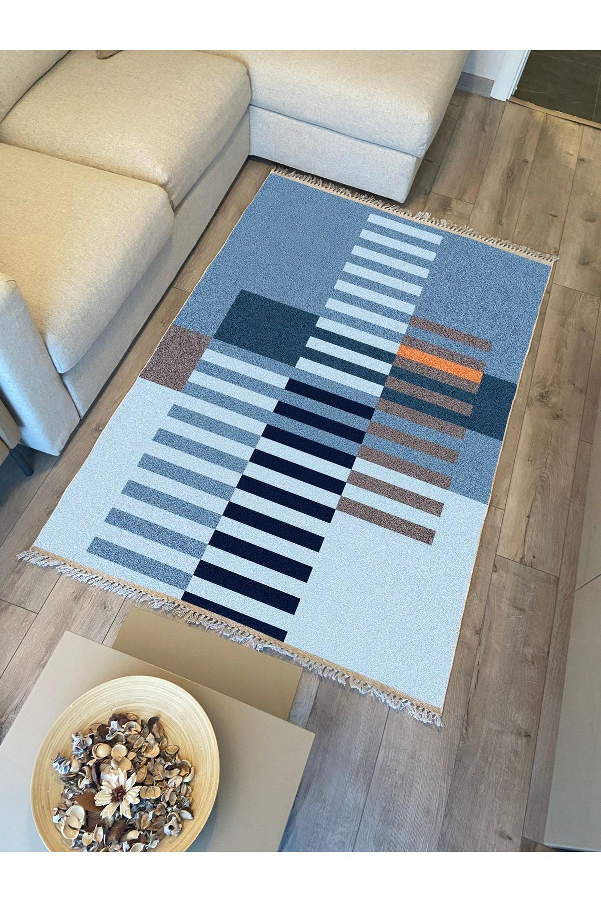 Cotton Kilim 81 Mavi Tonlarında Etnik Boho Stil Pamuk Taban - HALI VAGONU