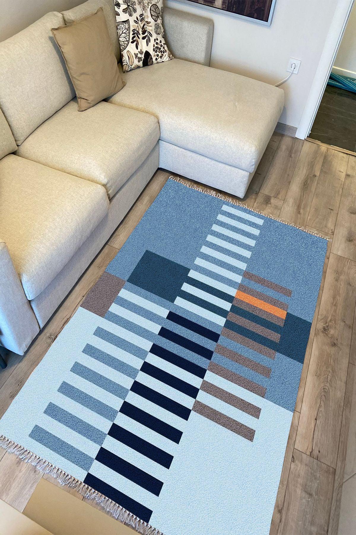 Cotton Kilim 81 Mavi Tonlarında Etnik Boho Stil Pamuk Taban - HALI VAGONU