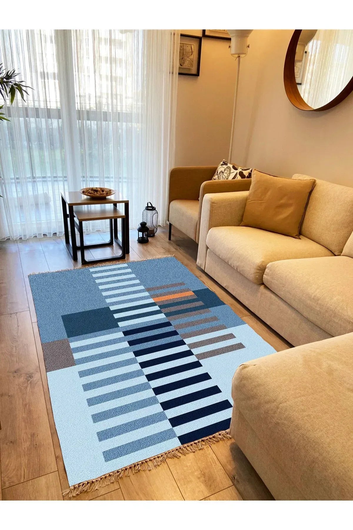 Cotton Kilim 81 Mavi Tonlarında Etnik Boho Stil Pamuk Taban - HALI VAGONU