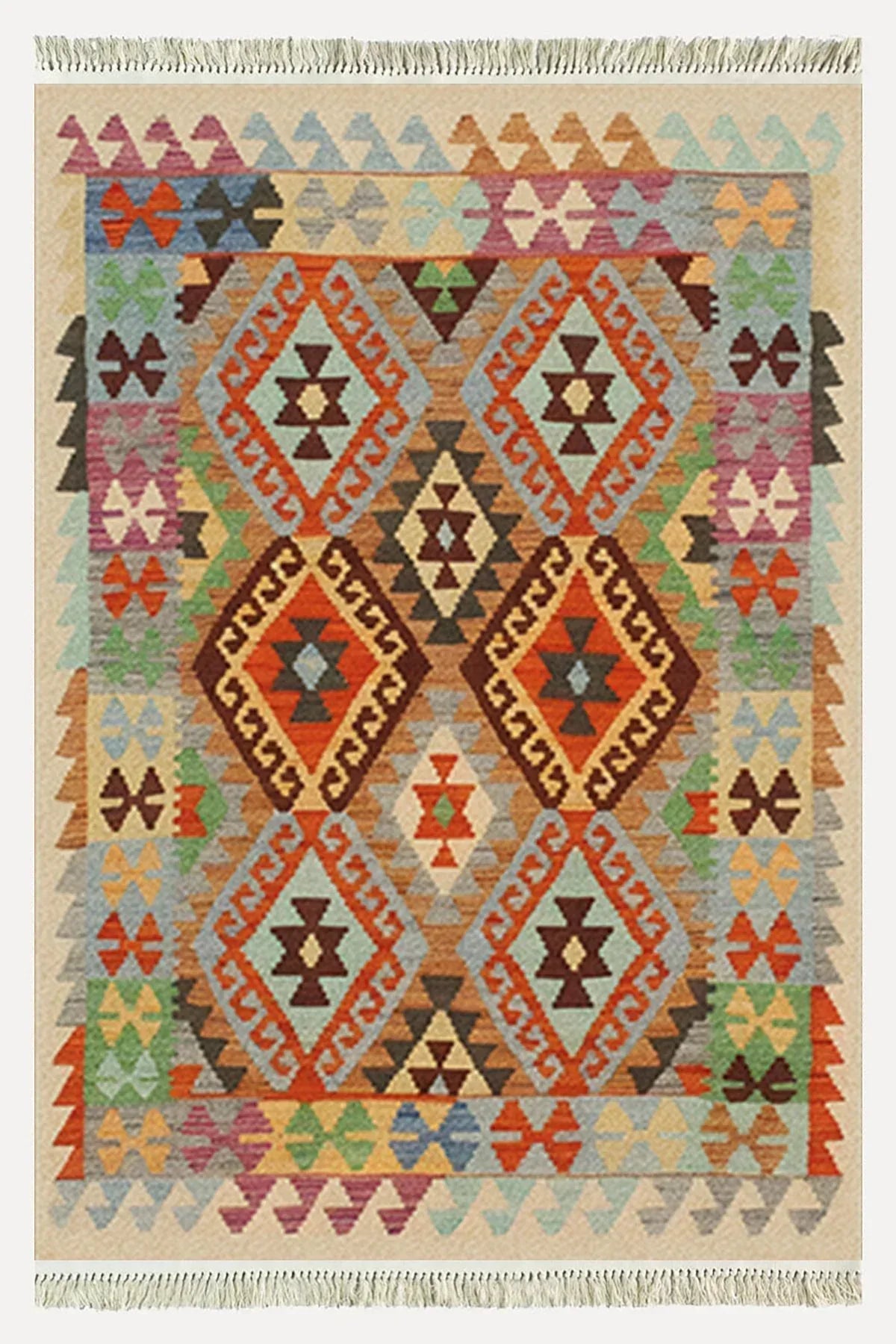 Cotton Kilim 84 Çok Renkli Etnik Boho Stil Pamuk Taban - HALI VAGONU