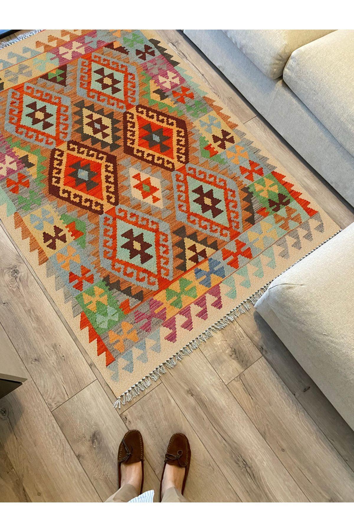 Cotton Kilim 84 Çok Renkli Etnik Boho Stil Pamuk Taban - HALI VAGONU