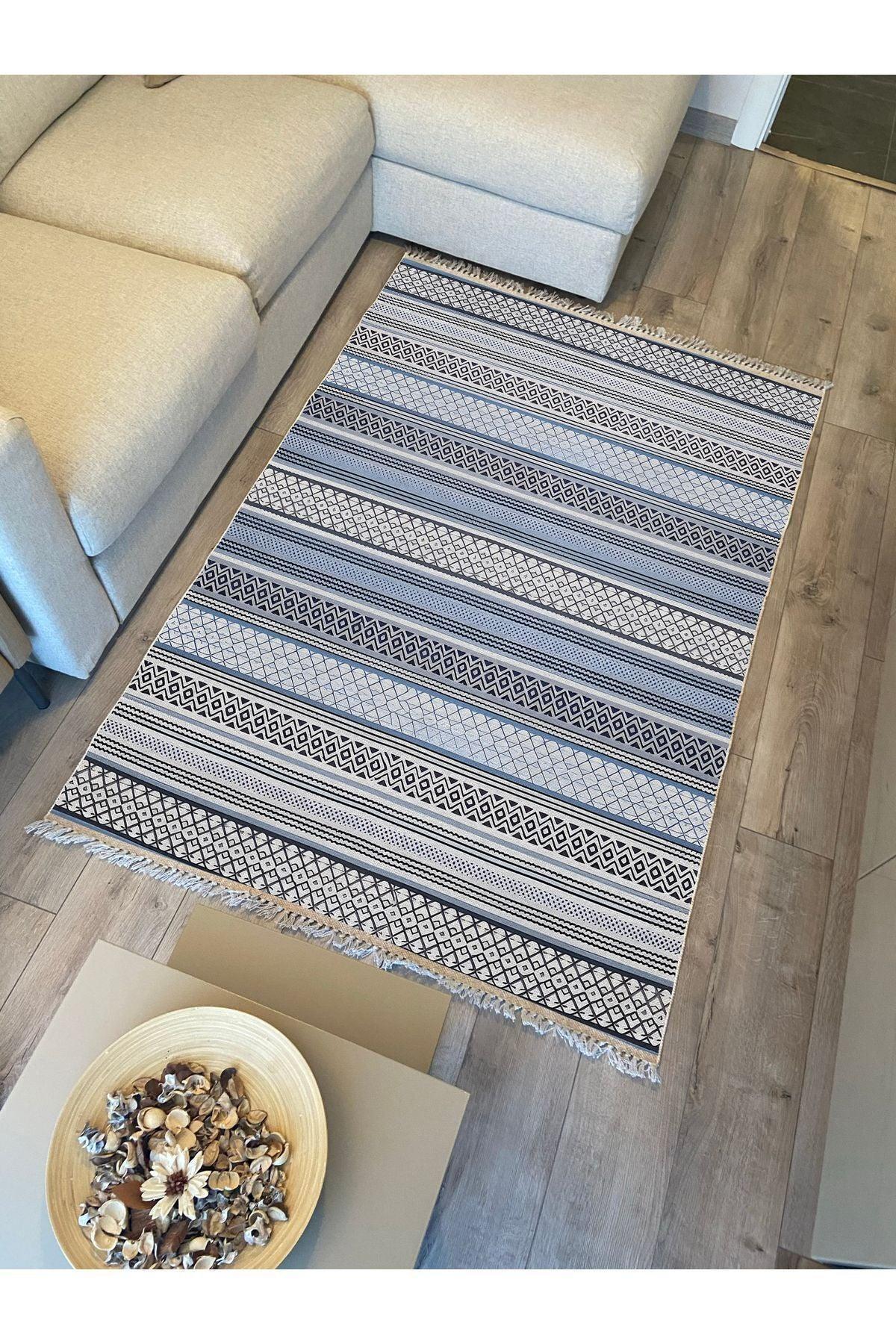 Cotton Kilim 9 Mavi Tonunda Geometrik Desenli Dekoratif Yıkanabilen Dokuma Taban Kilim - HALI VAGONU