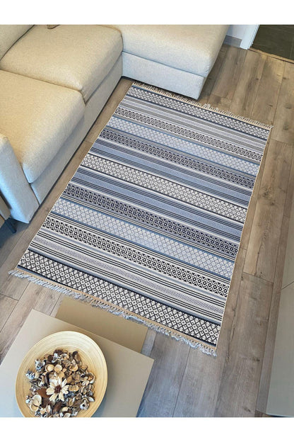 Cotton Kilim 9 Mavi Tonunda Geometrik Desenli Dekoratif Yıkanabilen Dokuma Taban Kilim - HALI VAGONU