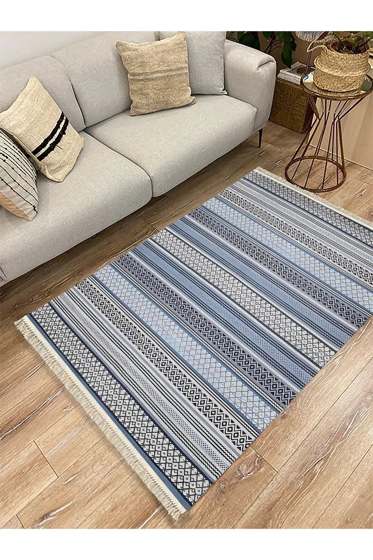 Cotton Kilim 9 Mavi Tonunda Geometrik Desenli Dekoratif Yıkanabilen Dokuma Taban Kilim - HALI VAGONU