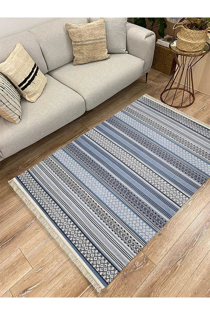 Cotton Kilim 9 Mavi Tonunda Geometrik Desenli Dekoratif Yıkanabilen Dokuma Taban Kilim - HALI VAGONU