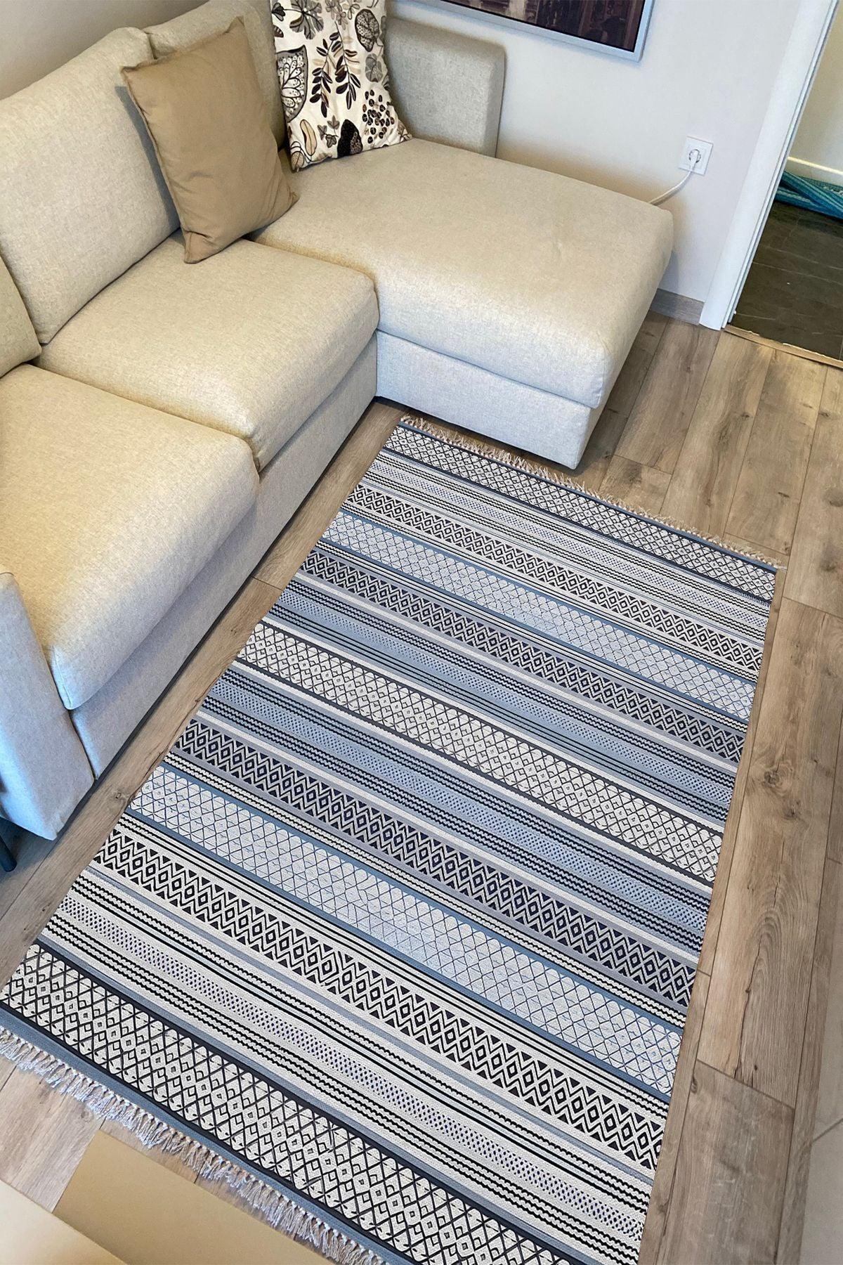 Cotton Kilim 9 Mavi Tonunda Geometrik Desenli Dekoratif Yıkanabilen Dokuma Taban Kilim - HALI VAGONU