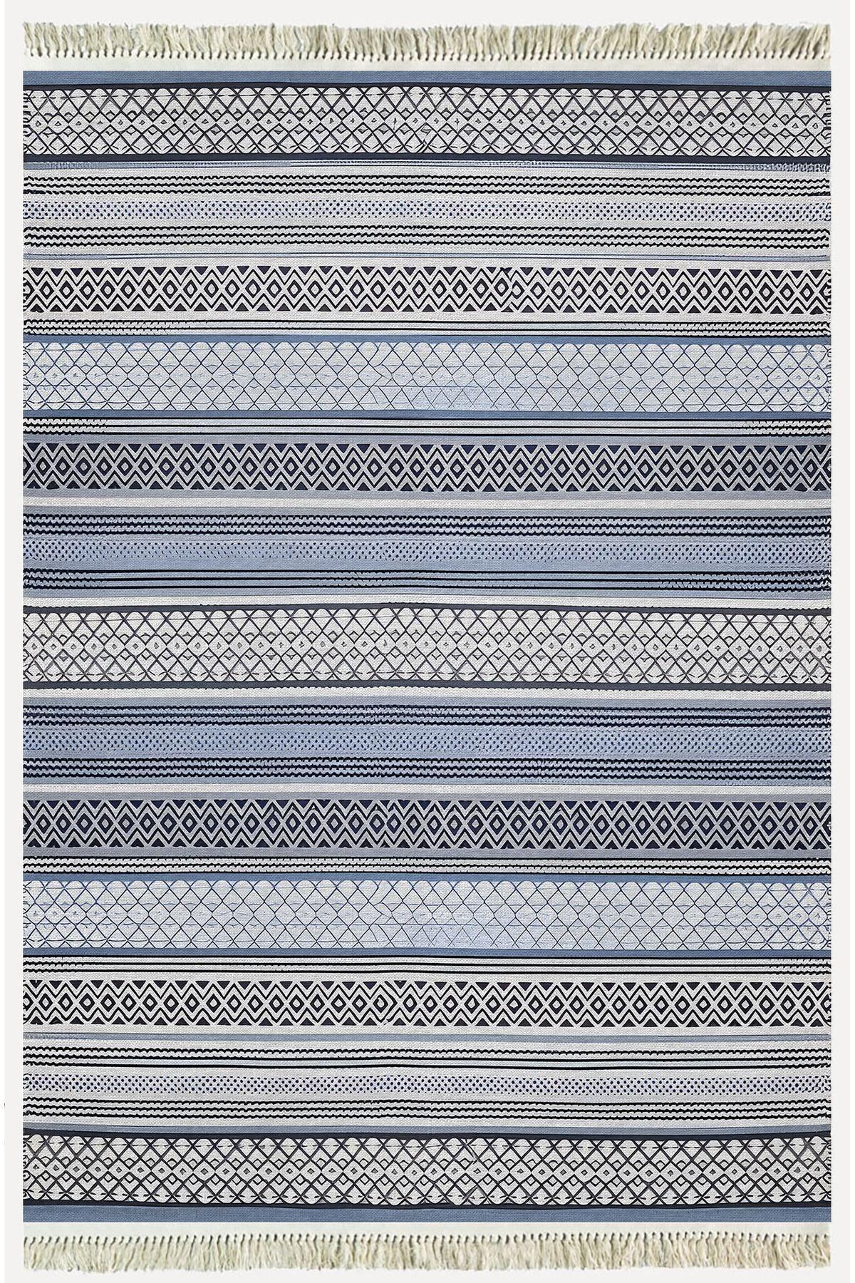Cotton Kilim 9 Mavi Tonunda Geometrik Desenli Dekoratif Yıkanabilen Dokuma Taban Kilim - HALI VAGONU