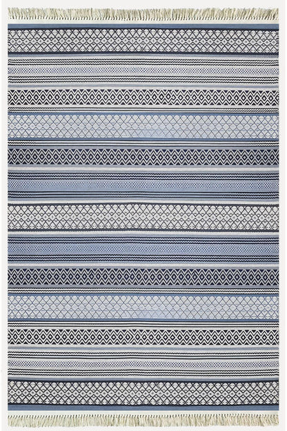 Cotton Kilim 9 Mavi Tonunda Geometrik Desenli Dekoratif Yıkanabilen Dokuma Taban Kilim - HALI VAGONU