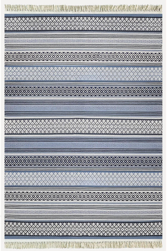 Cotton Kilim 9 Mavi Tonunda Geometrik Desenli Dekoratif Yıkanabilen Dokuma Taban Kilim - HALI VAGONU