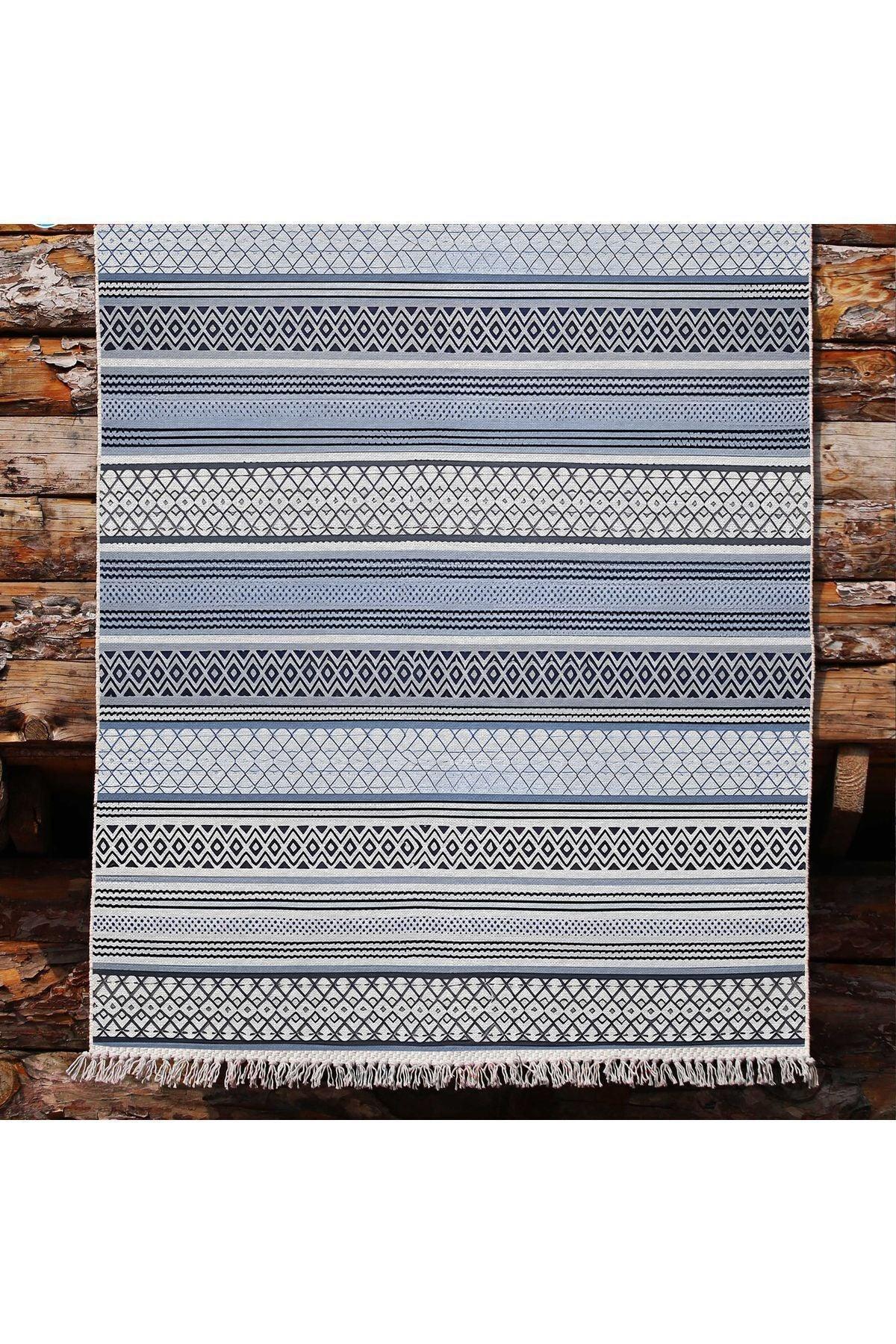 Cotton Kilim 9 Mavi Tonunda Geometrik Desenli Dekoratif Yıkanabilen Dokuma Taban Kilim - HALI VAGONU