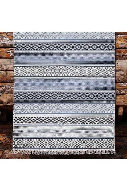 Cotton Kilim 9 Mavi Tonunda Geometrik Desenli Dekoratif Yıkanabilen Dokuma Taban Kilim - HALI VAGONU