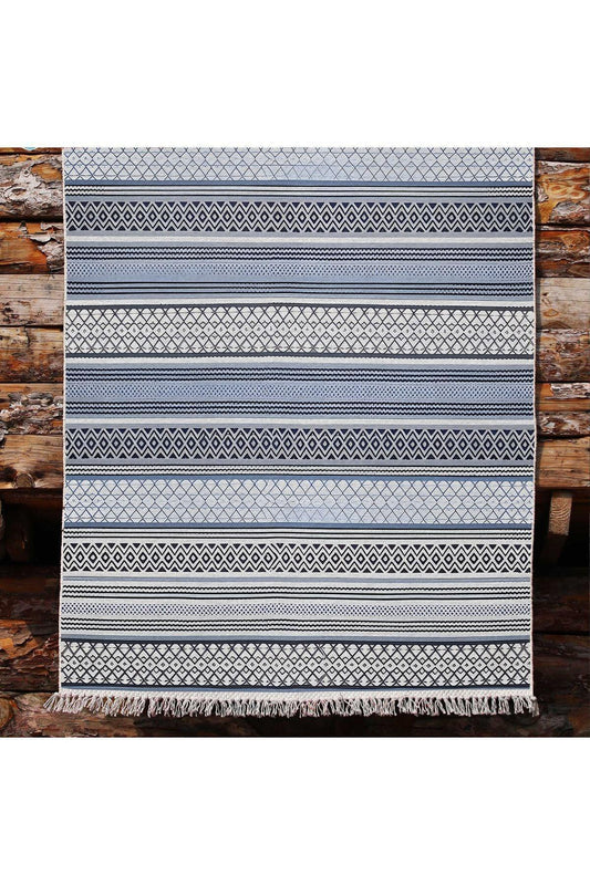 Cotton Kilim 9 Mavi Tonunda Geometrik Desenli Dekoratif Yıkanabilen Dokuma Taban Kilim - HALI VAGONU