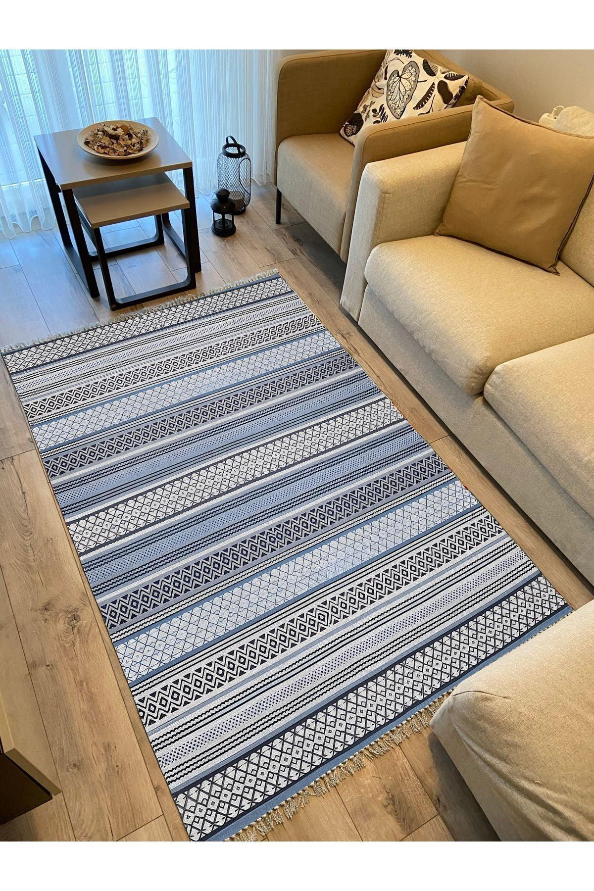 Cotton Kilim 9 Mavi Tonunda Geometrik Desenli Dekoratif Yıkanabilen Dokuma Taban Kilim - HALI VAGONU