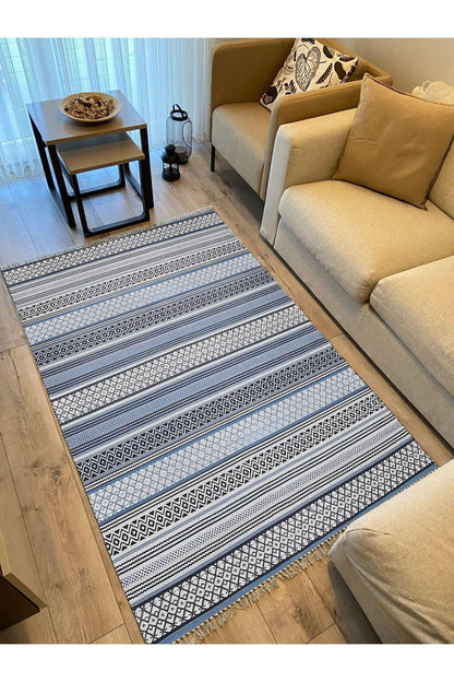 Cotton Kilim 9 Mavi Tonunda Geometrik Desenli Dekoratif Yıkanabilen Dokuma Taban Kilim - HALI VAGONU