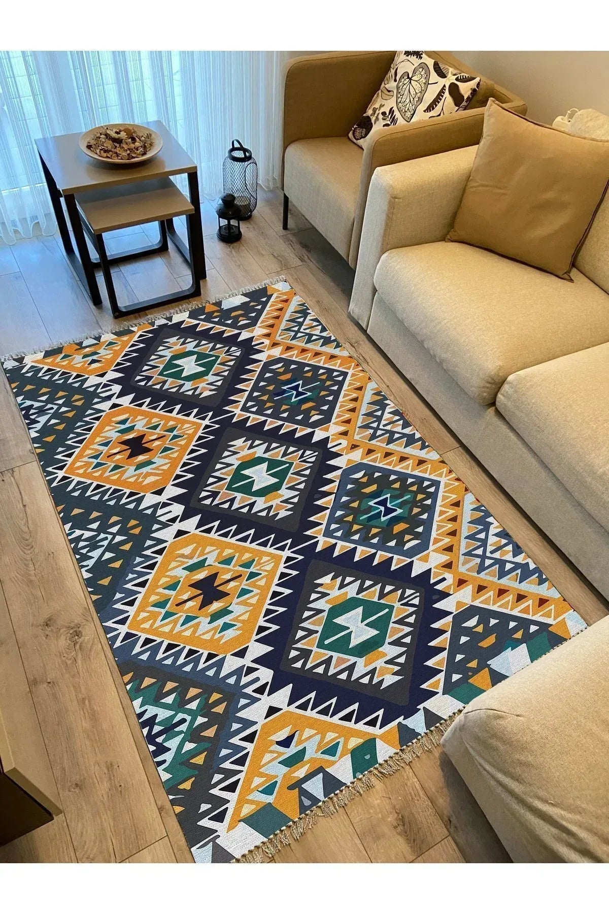 Cotton kilim Hardal Tonunda Geometrik Desenli Dekoratif Yıkanabilen Dokuma Taban Kilim - HALI VAGONU