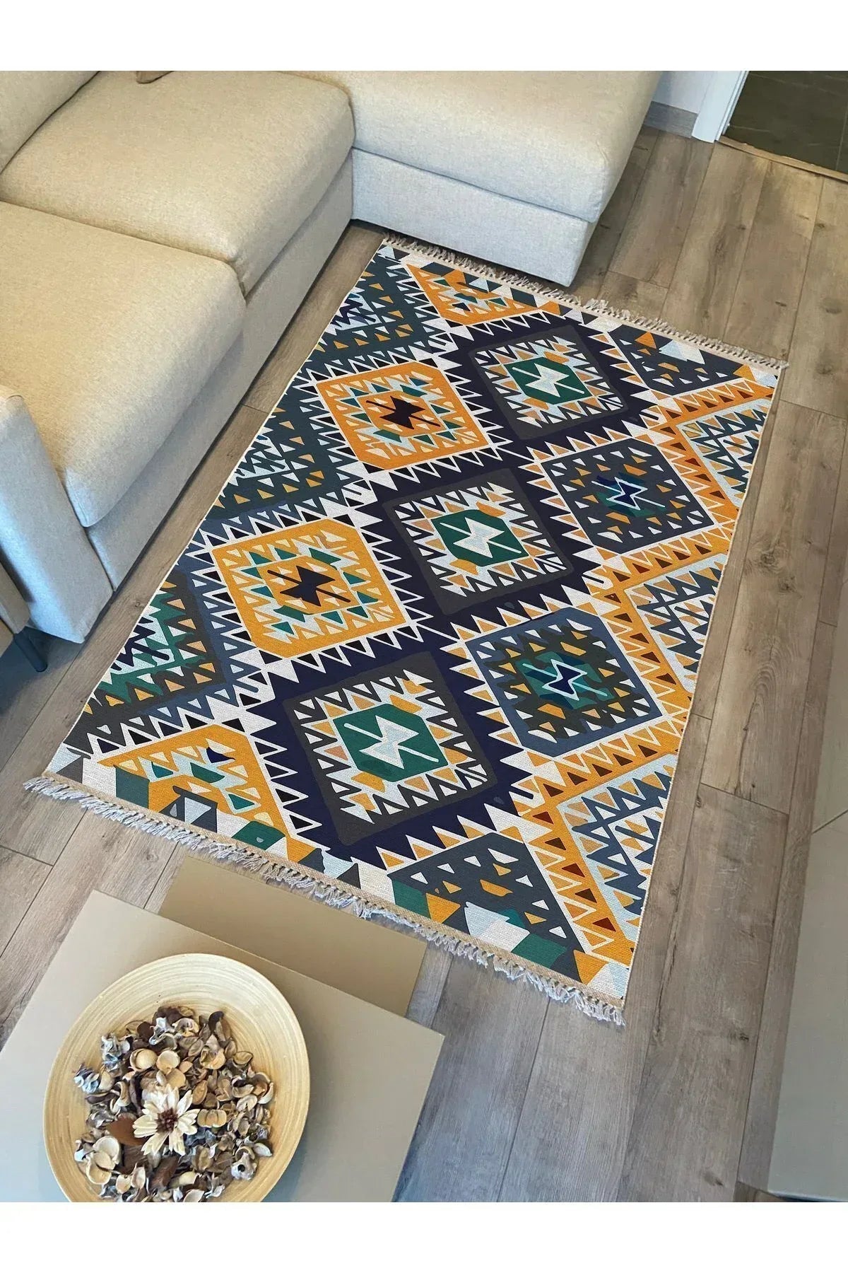 Cotton kilim Hardal Tonunda Geometrik Desenli Dekoratif Yıkanabilen Dokuma Taban Kilim - HALI VAGONU